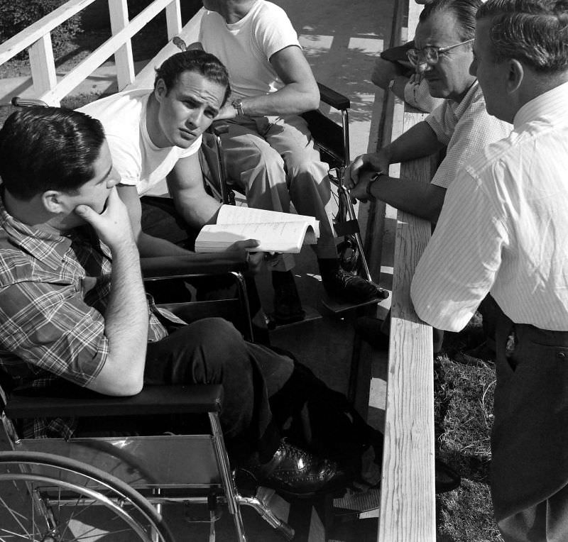 Marlon Brando rehearsing his role in 'The Men,' Birmingham Veterans Administration Hospital, Van Nuys, Calif., 1949.