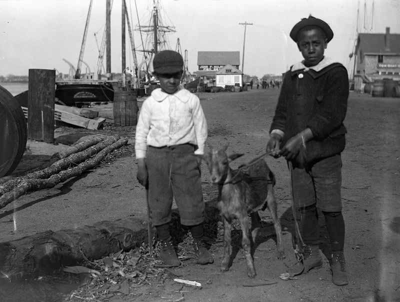 Two young boys with a goat near the waterfront, New Bedford, 1910s