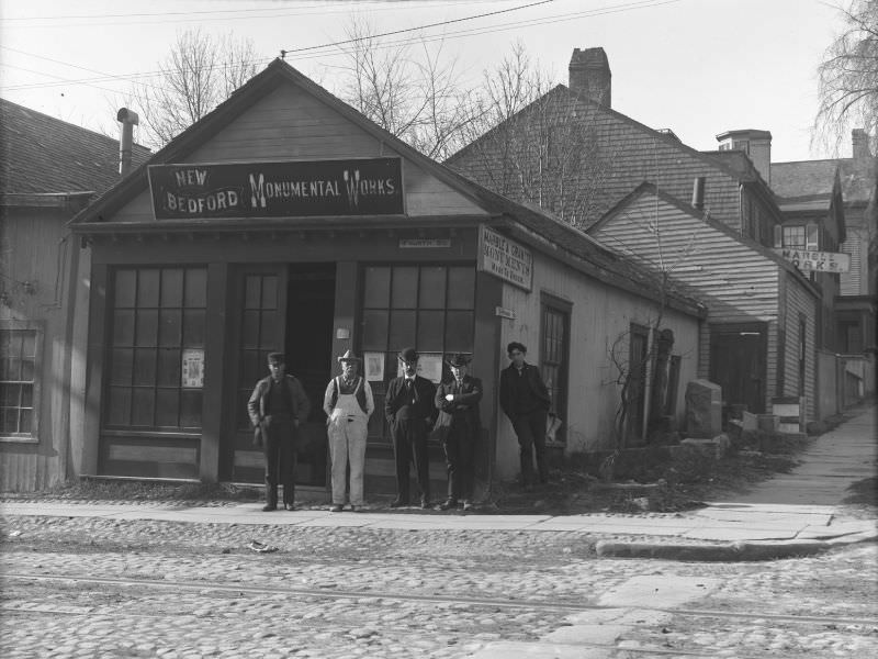 Purchase Street. Tom Thompson's marble shop, New Bedford Monumental Works, Spring and Fourth Street, 1905