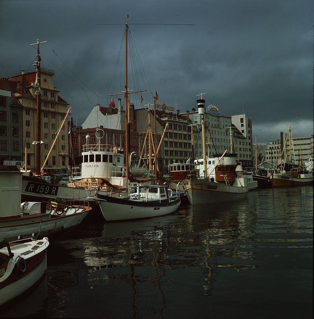 Fishing boats in the harbor at Bergen, 1951.