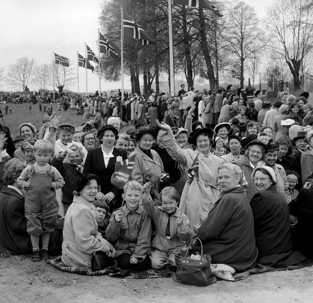 Crowds gather outside the cathedral for the wedding of Norwayan Princess Ragnhild, 1953.