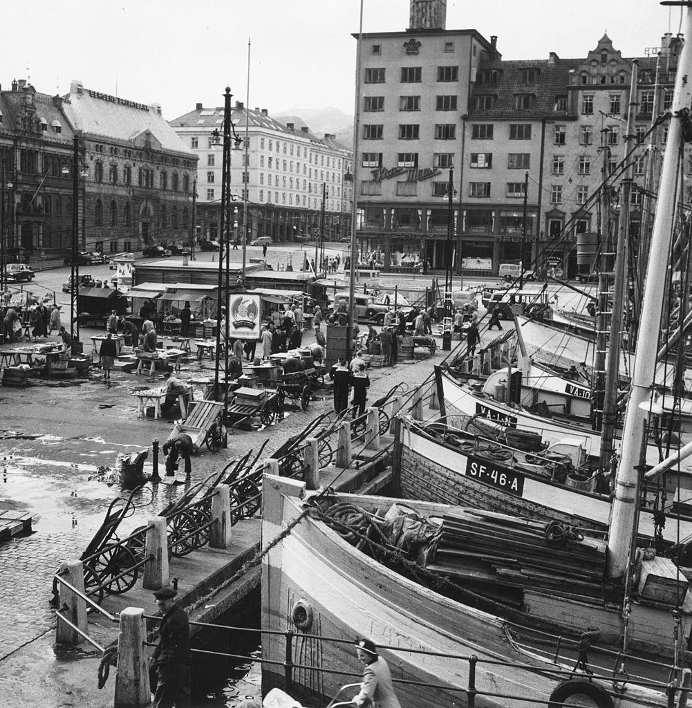 A fish market at the Inner Harbour at Bergen, 1955.