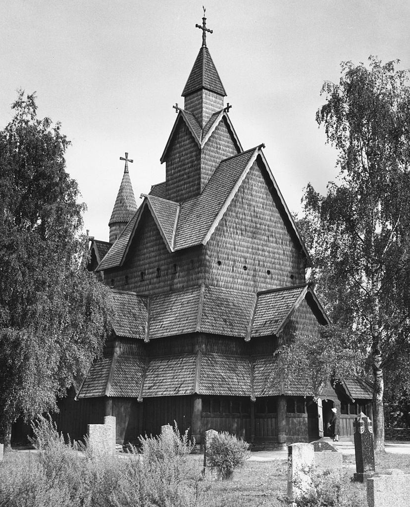A stave church in Heddal, southern Norway, 1955.
