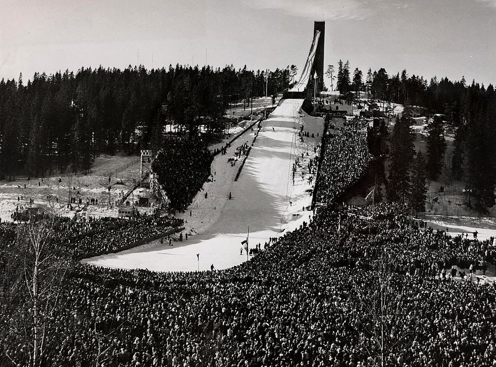 The giant ski-jump and large crowd at Holmenkolldagen, Oslo, Norway, 1950