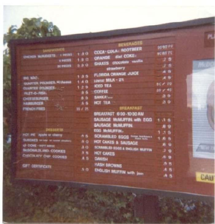 McDonald’s Drive Thru menu in the 80s