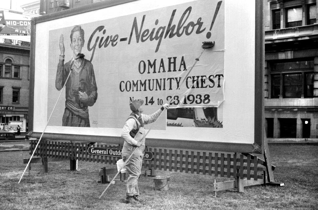 Billboard on Courthouse Lawn, Omaha, Nebraska, 1920s.