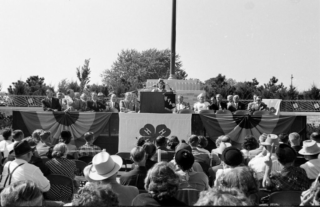 Woman speaking in front of people during the Nebraska State Fair in Omaha, Nebraska.