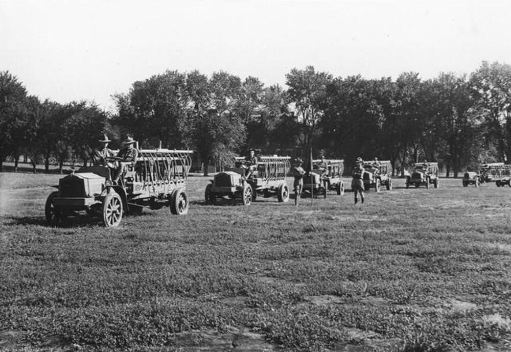 Trucks for carrying cable for Observation balloons, Omaha Balloon School, Omaha, Nebraska, 1920s.