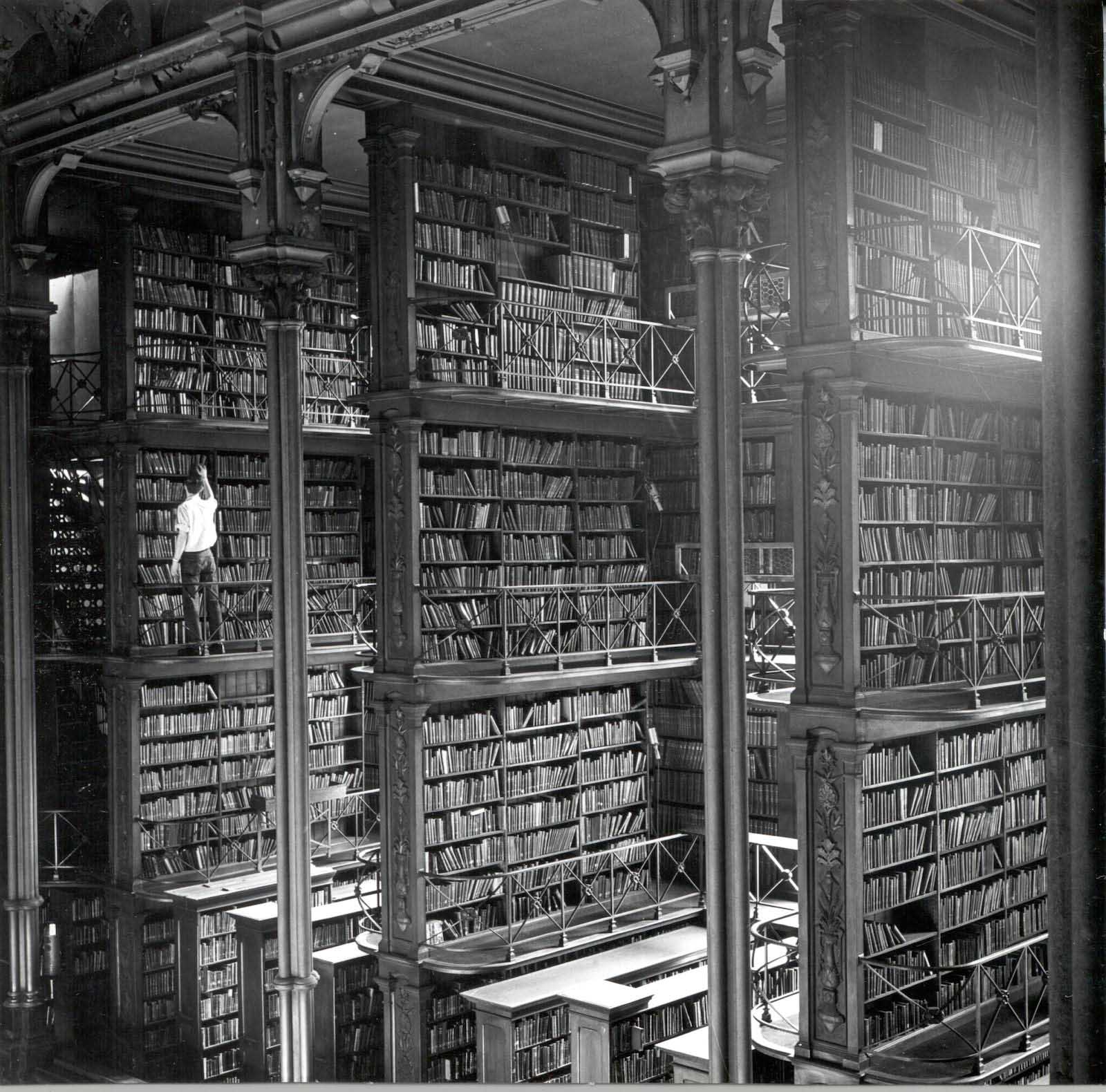 One of the large cast-iron book alcoves that lined the Main Hall.