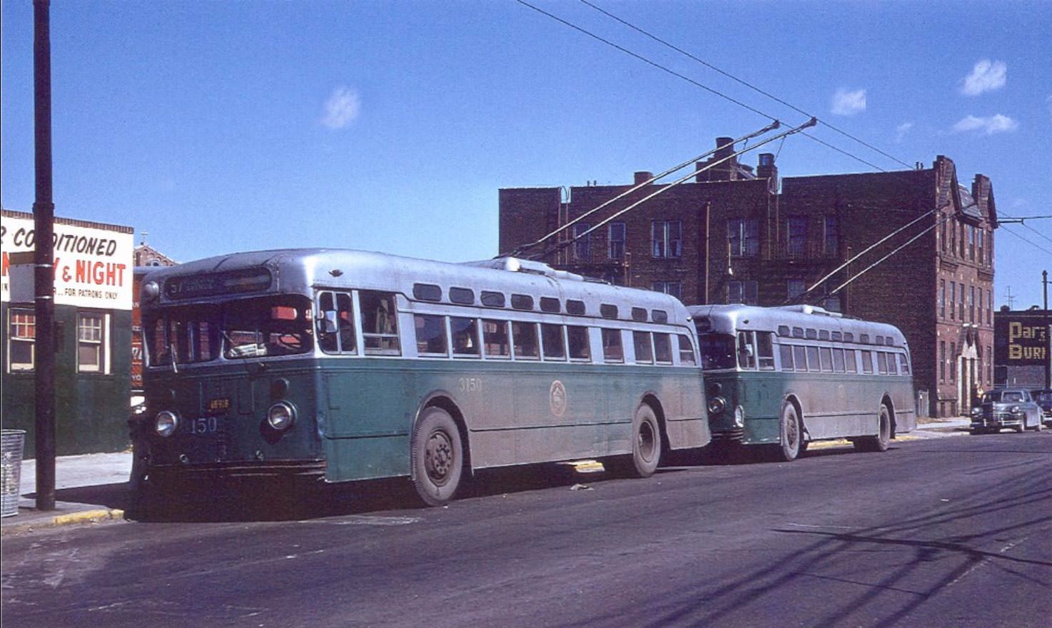 Flushing Avenue off 61st Street; Trolleybus, Maspeth, Queens, 1960.