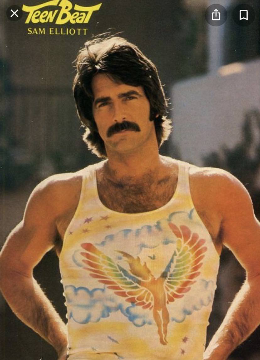 Sam Elliot in a rainbow shirt, 1976.