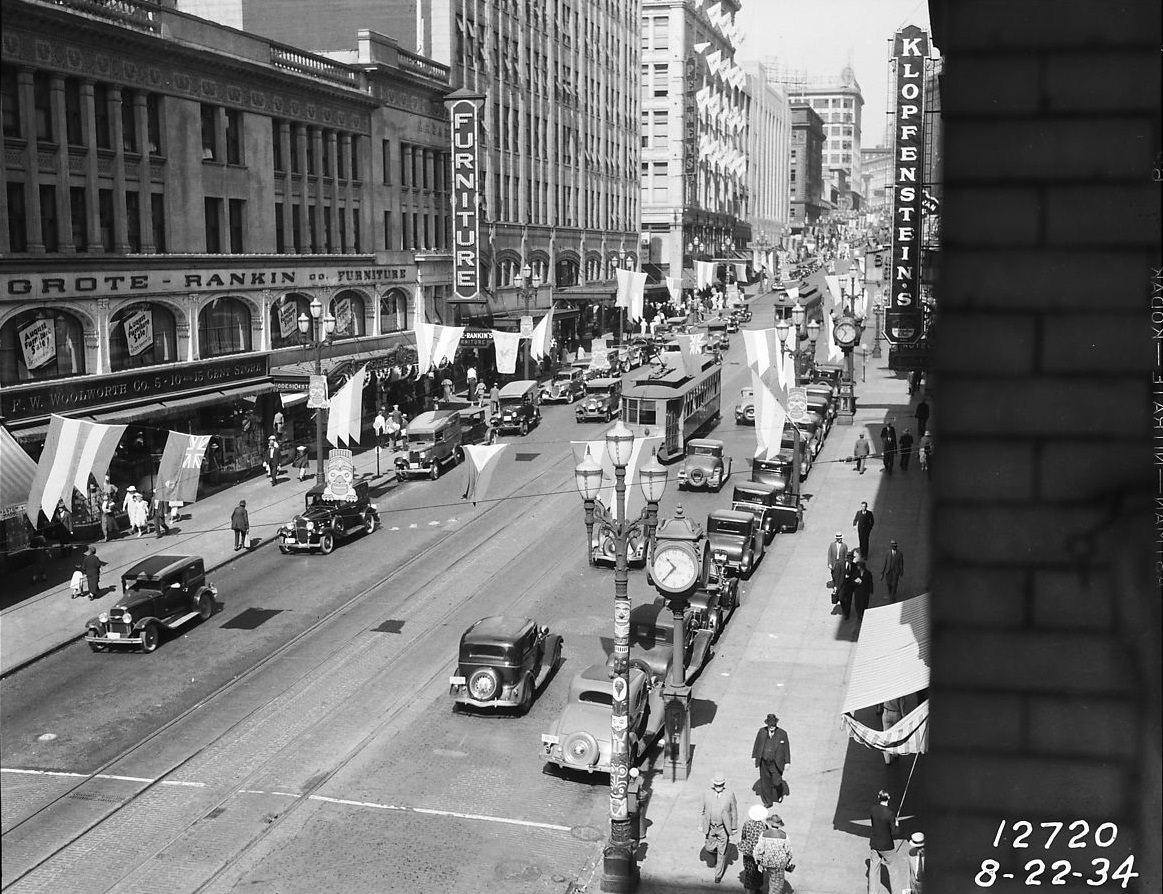 Second Avenue decorated for Potlatch celebration, 1934