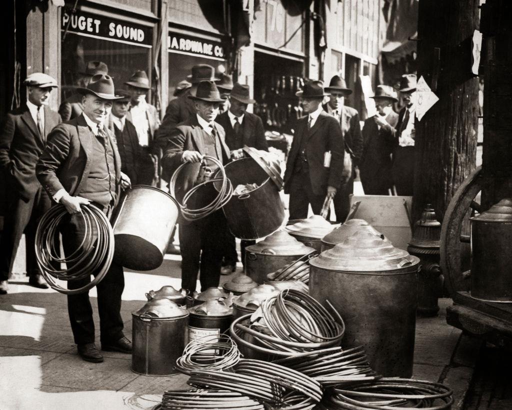 Hardware store display items confiscated for alcohol still during the Prohibition era, Seattle, 1930s.