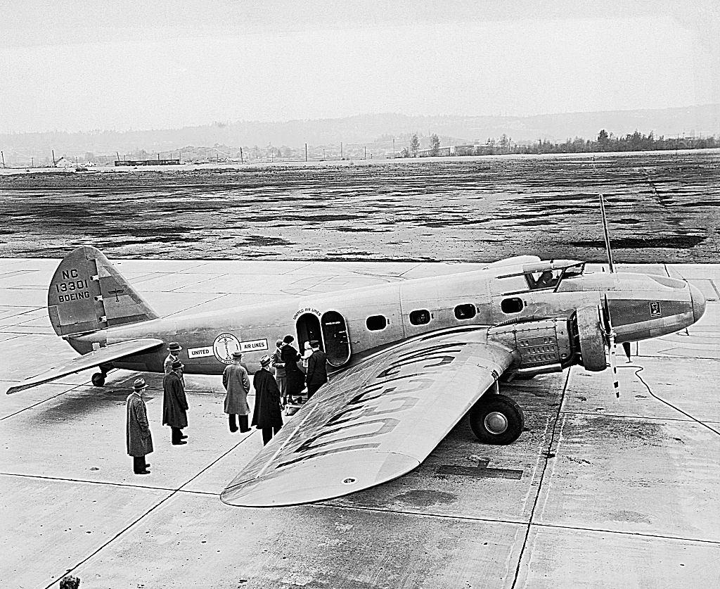 Passengers boarding a Boeing 247 at Boeing Field in Seattle in the early 1930's.