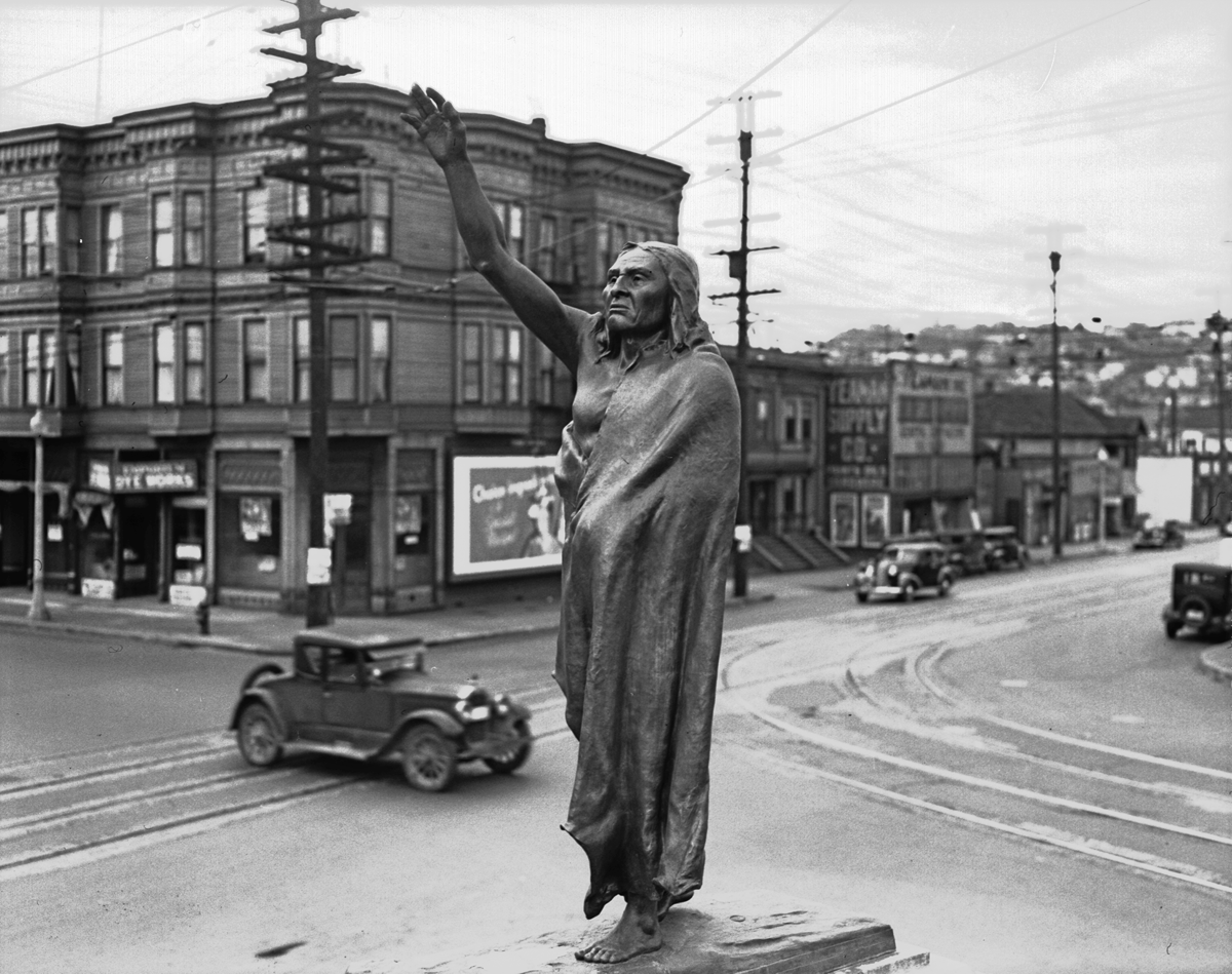 Chief Seattle statue at Fifth and Denny, 1936
