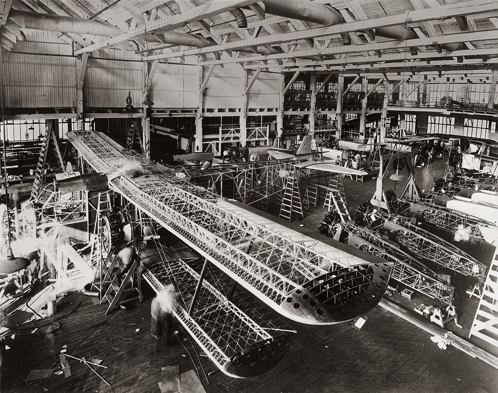 A hall of Boeing Airplane Company in Seattl with big three-motor transport aeroplanes, 1931.