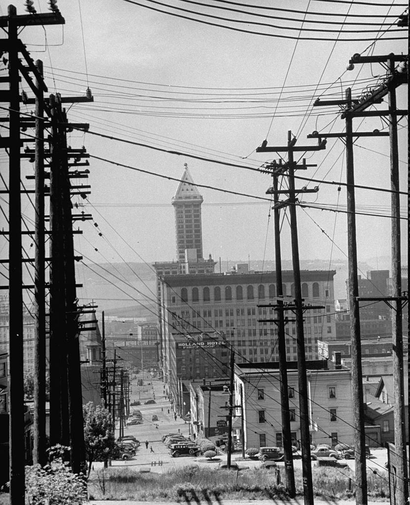 View from hilltop looking towards water of Seattle, 1939.