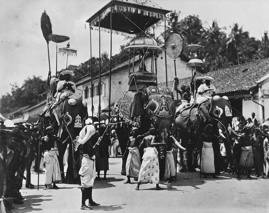 Elephants carrying shrines and worshippers in a Buddhist procession in Colombo, Sri Lanka, 1880.