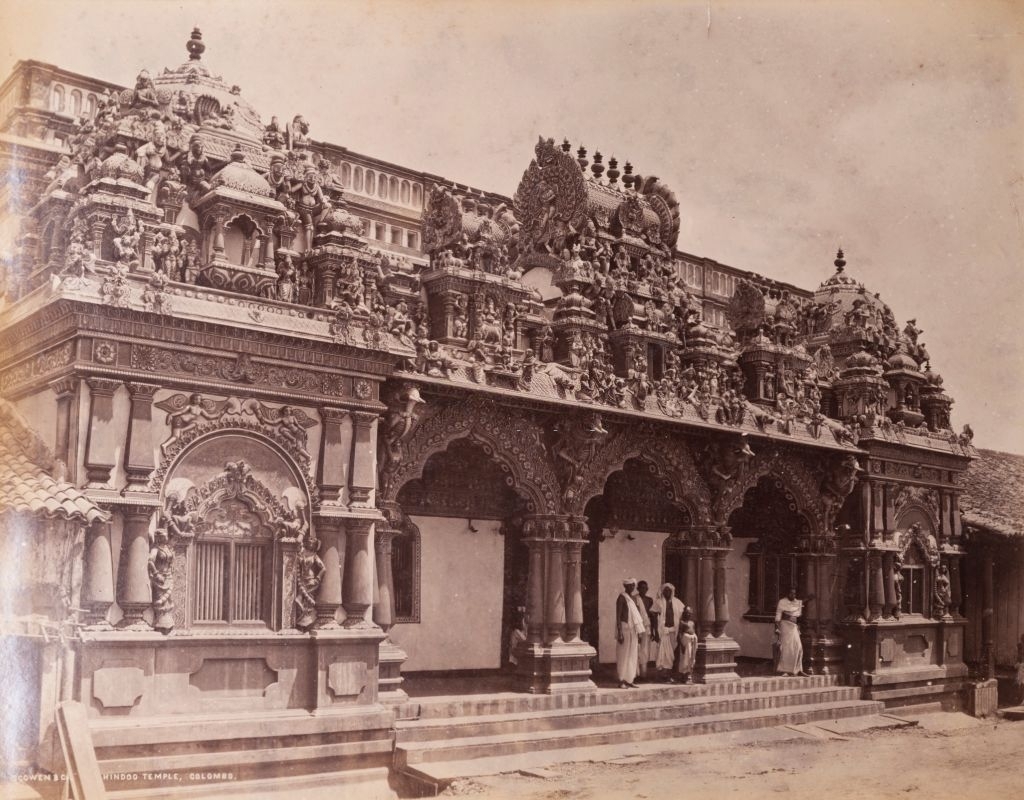 The intricately carved stone entrance to a Hindu temple, Sri Lanka, 1885.