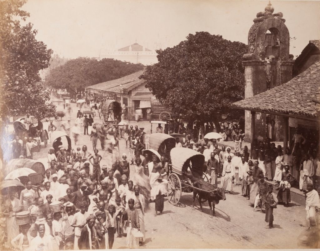 Main street of Colombo, Sri Lanka, 1880s.