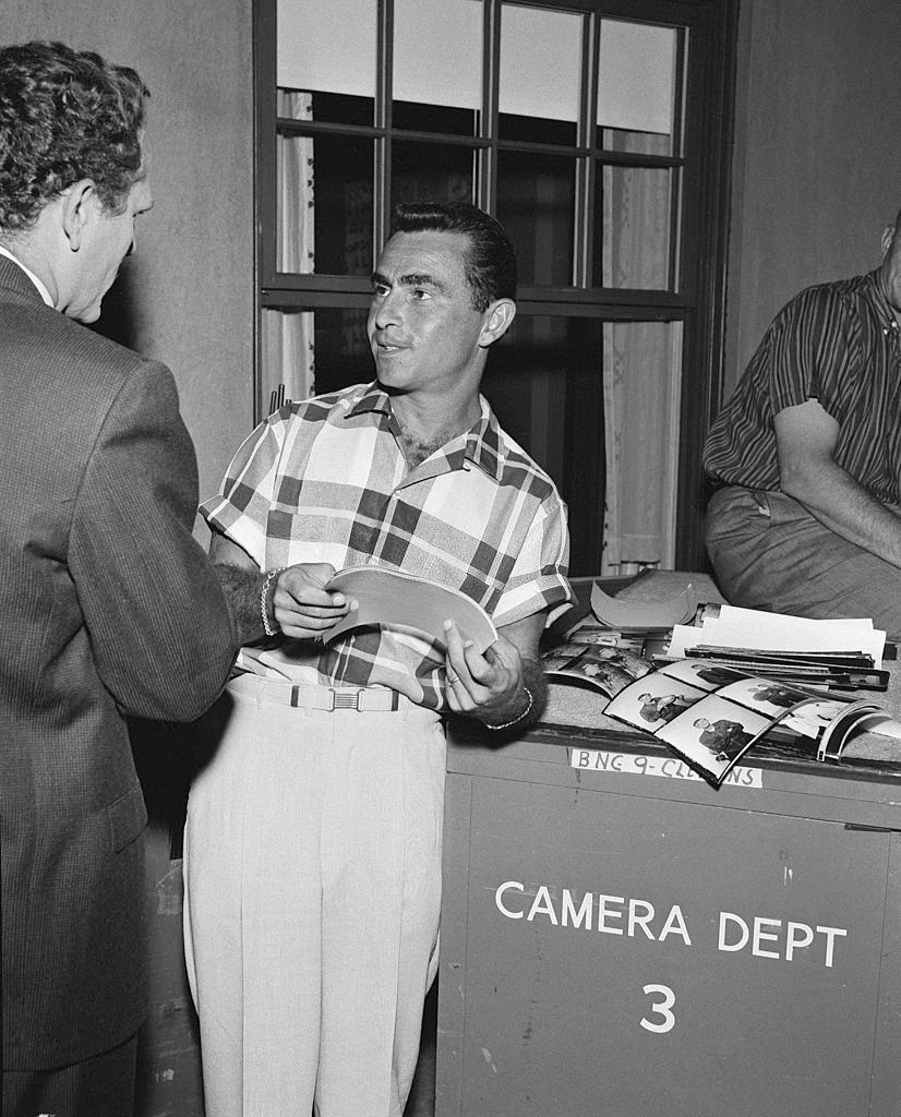 Rod Serling between scenes of "The Four Of Us Are Dying" for the television series "The Twilight Zone", season 1, episode 13, September 4, 1959.