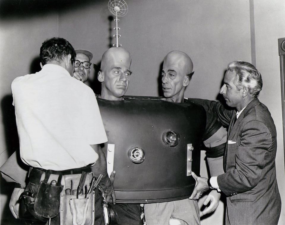 Actors Michael Fox and Douglas Spencer are being fitted for their two-headed Martian costume, as seen in “Mr. Dingle, the Strong.”
