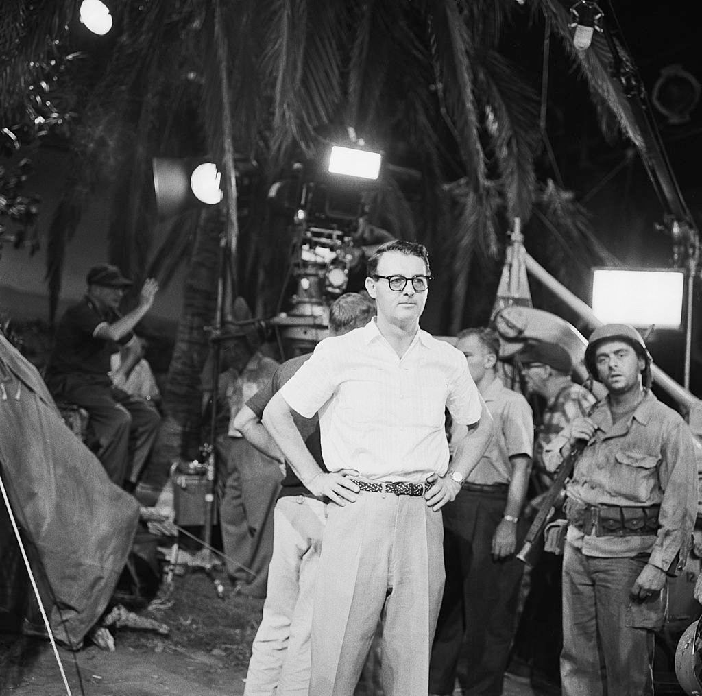 Dick York with producer Rod Serling between scenes of "The Purple Testament". Season 1, episode 19, 1959.