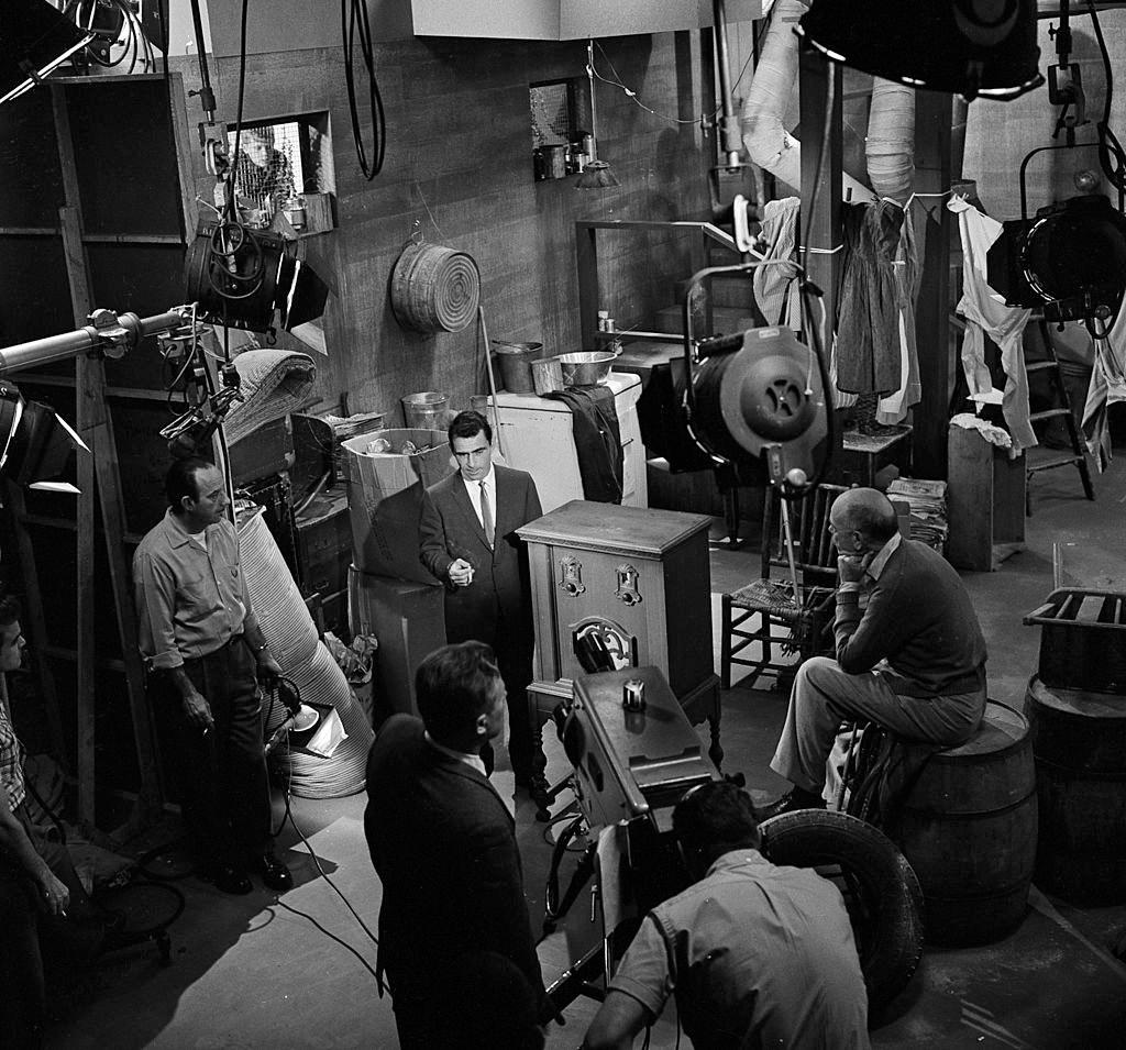 Rod Serling shooting the introduction to "Static", season 2 episode 20, 1960.