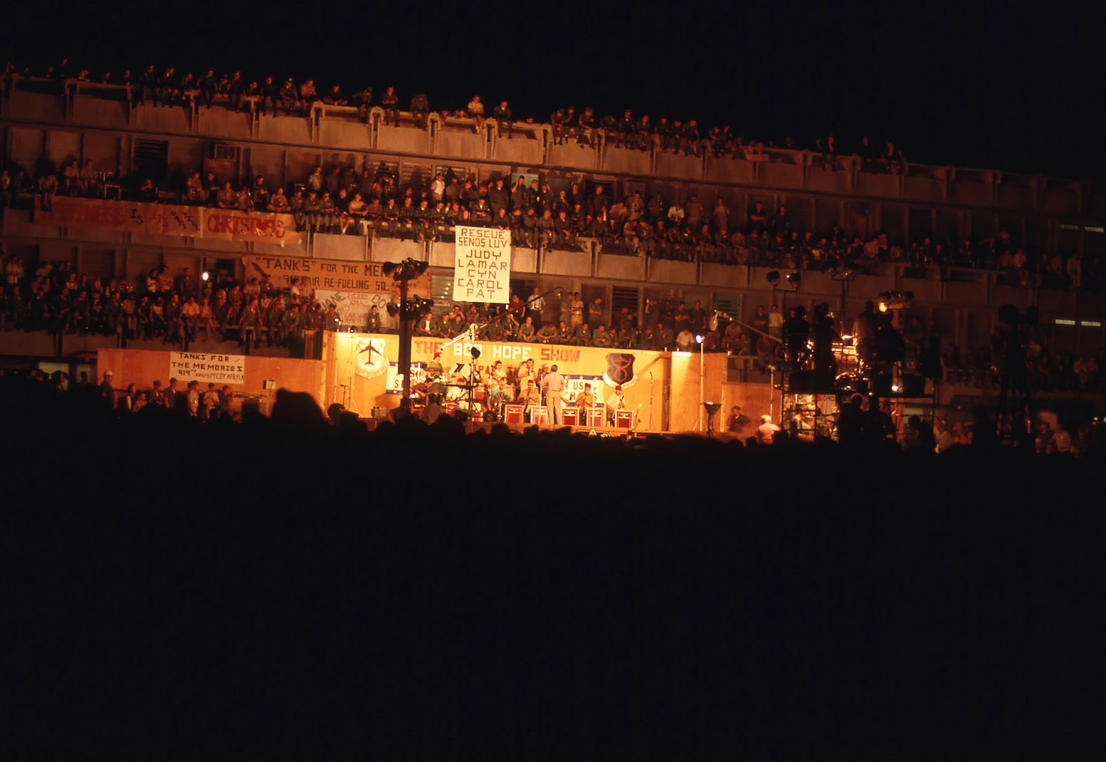 Bob Hope, U.S.O. Christmas show. 4258th Heavy Bombardment Wing, Utapao Royal Thai Naval Air Station, Thailand. December 1969.