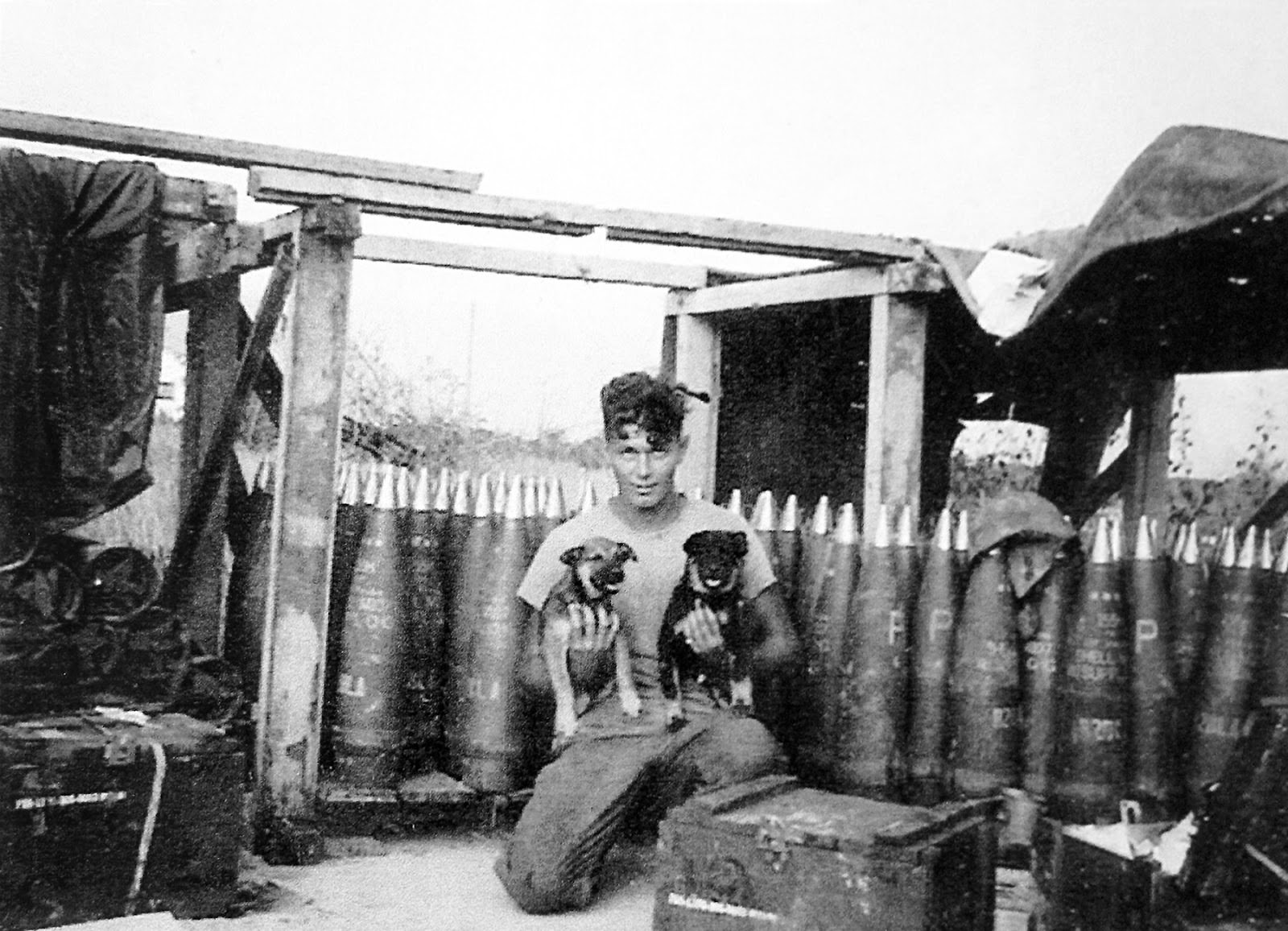 Marvin De Witt with two puppies. Special Forces camp, Tay Ninh, Vietnam.