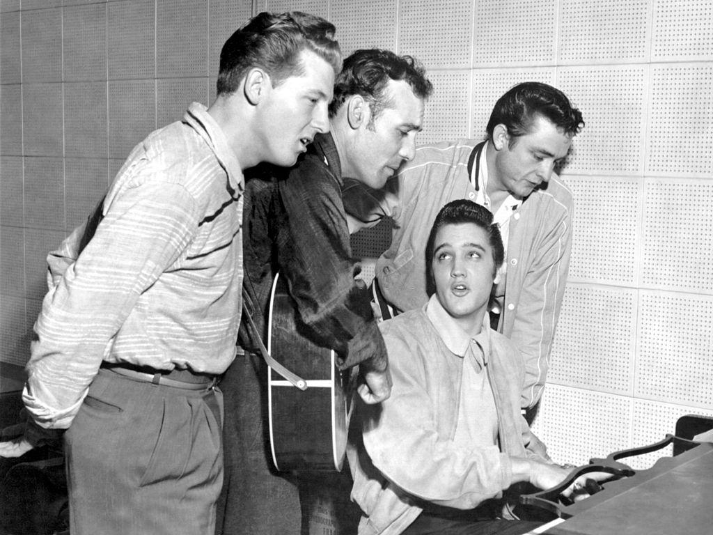 Johnny Cash with Jerry Lee Lewis, Carl Perkins and Elvis Presley, 1956.