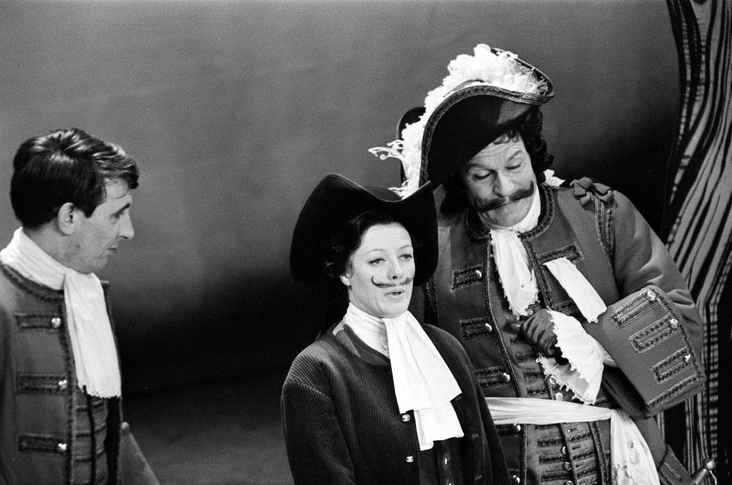 Maggie Smith rehearsing at the Queen's Theatre of Associated TV's 'Golden Drama' with Laurance Oliver, 1965.