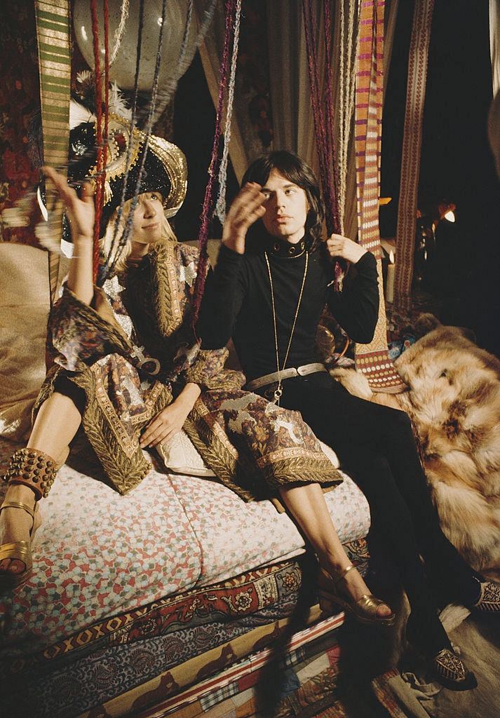 Mick Jagger with Anita Pallenberg on the set of 'Performance', 1968.