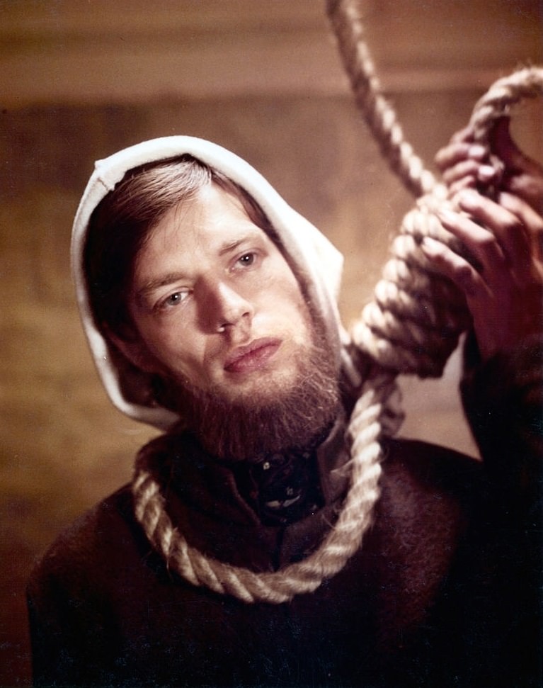 Mick Jagger stands with a noose around his neck in a scene from the film 'Ned Kelly', 1970.