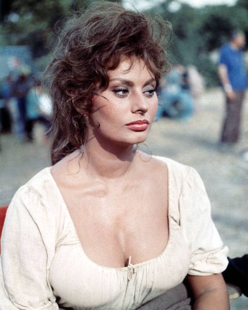 Sophia Loren in peasant costume on a film set, circa 1955.