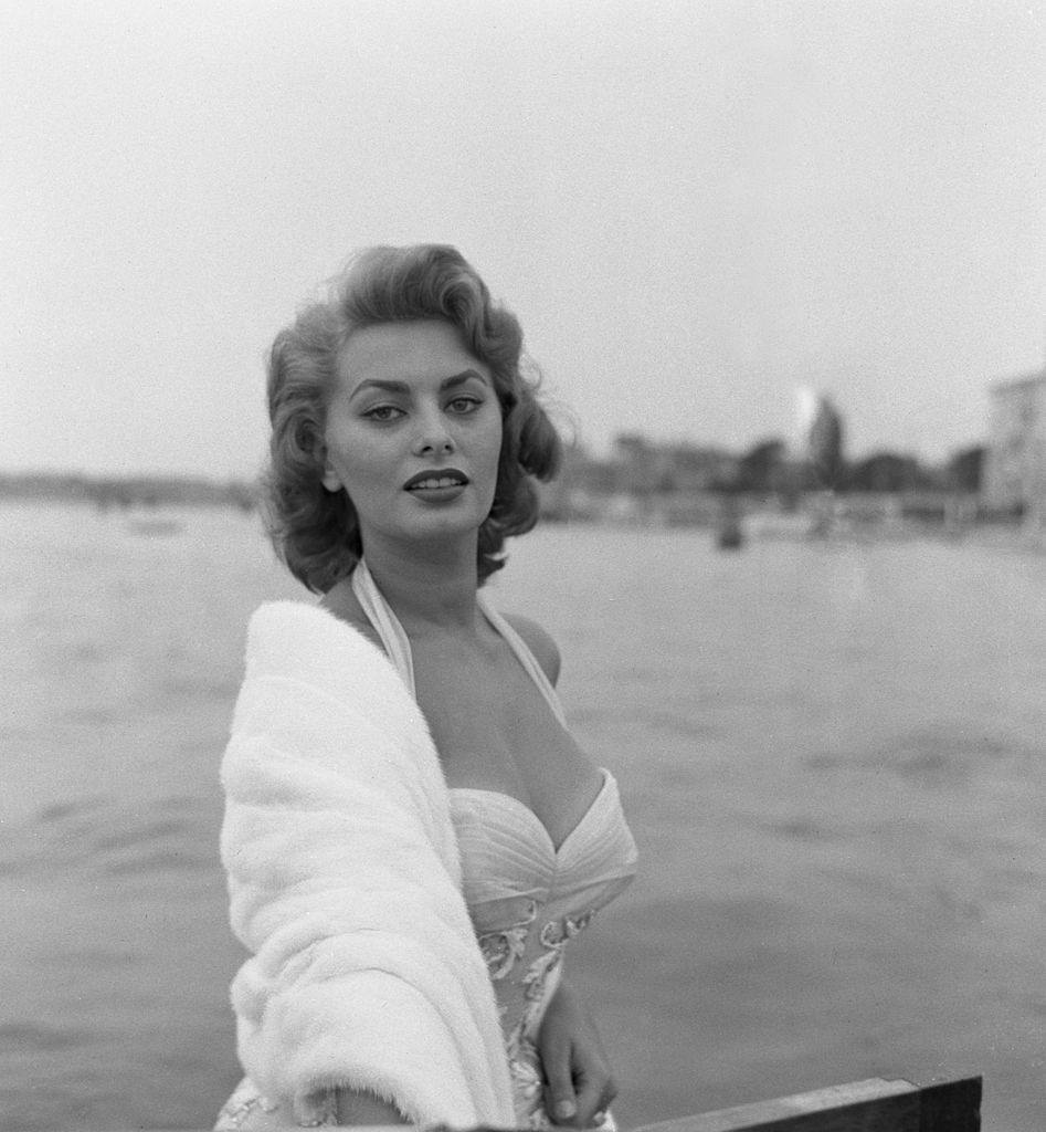 Sophia Loren on a water taxi, on the Grand Canal, Venice, 1955.