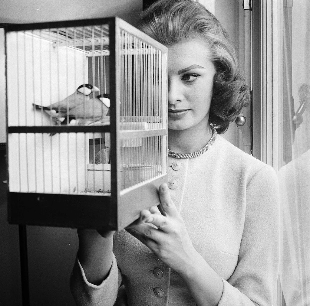 Sophia Loren in front of her a cage containing 2 birds, 1956.
