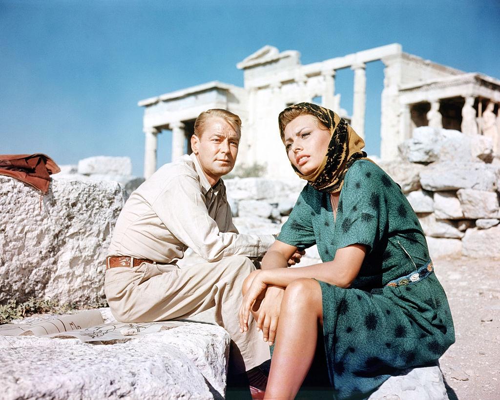 Sophia Loren with Alan Ladd in the film 'Boy on a Dolphin', 1957.