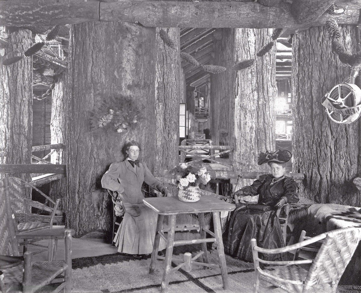 Two women sitting in the upper balcony of the Forestry Building, 1905
