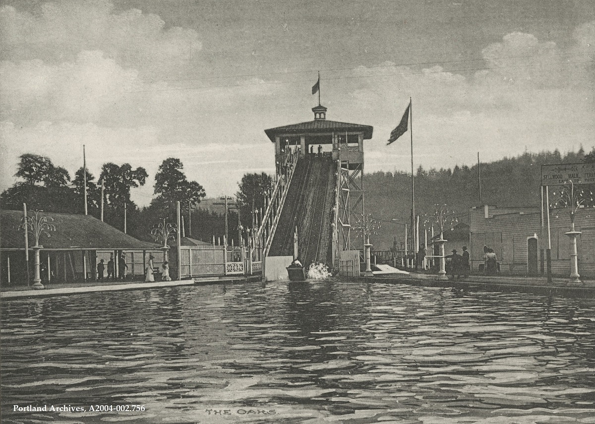 Riding The Chutes at Oaks Amusement Park, 1907.