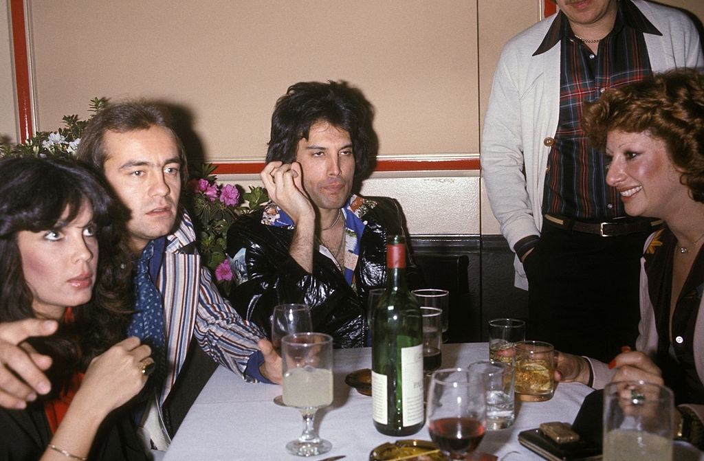 Bernie Taupin with Freddie Mercury of Queen at a post-concert party in Las Vegas, 1977.