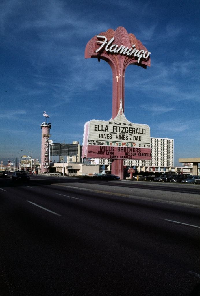 A billboard announcing Ella Fitzgerald live in a hotel casino, 'Flamingo', 1971.