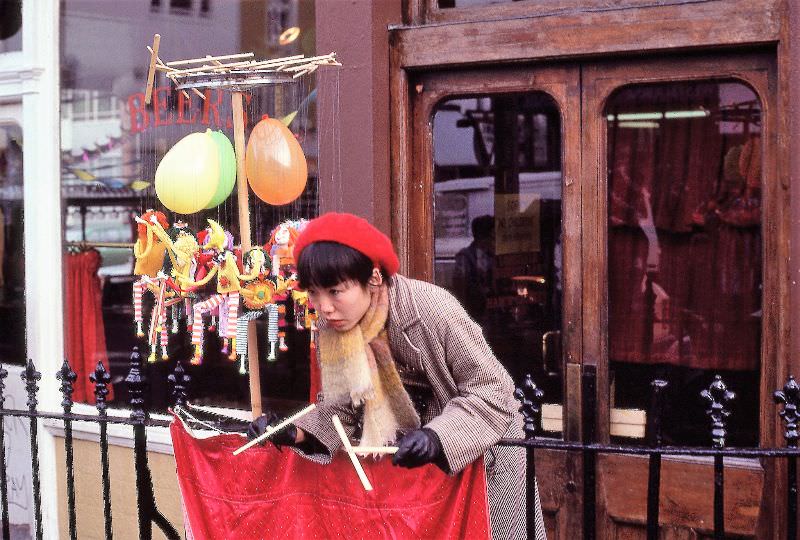 A puppeteer outside the Earl of Lonsdale Pub, Portobello Road, London, 1980