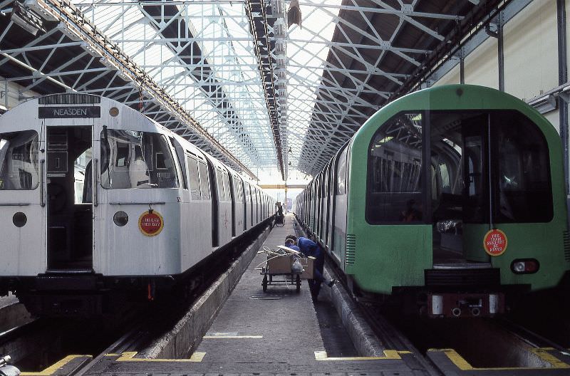 Tube trains at Neasden Depot, London, 1987