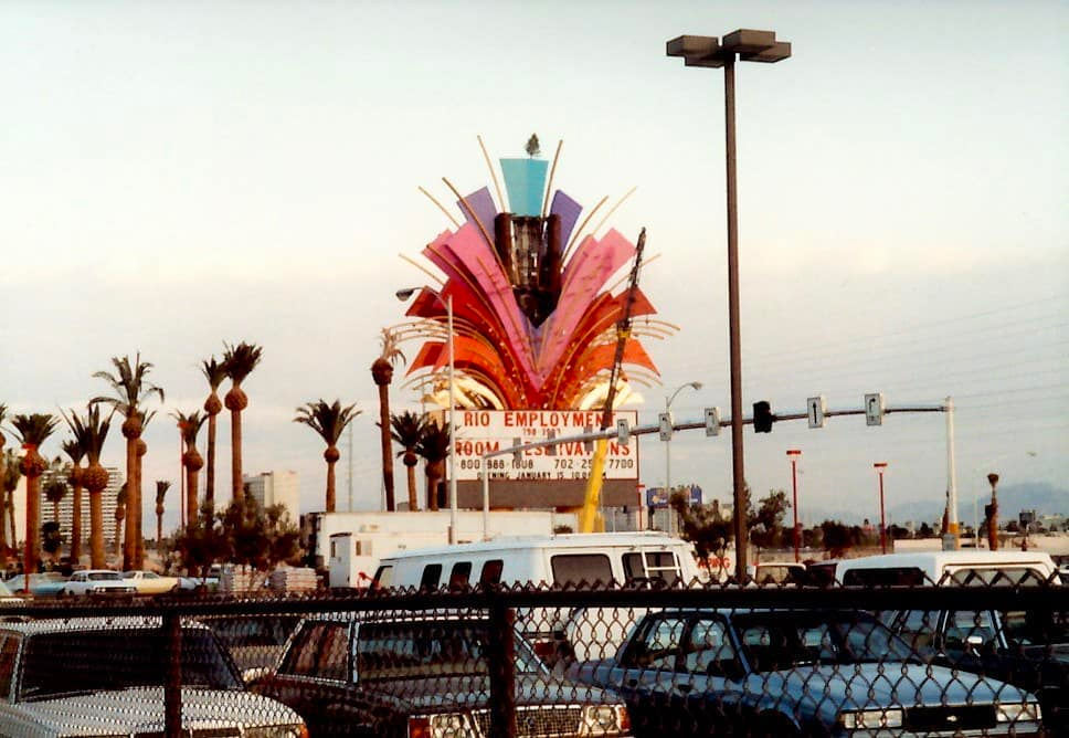 Installation of the sign at Rio Las Vegas, 1990