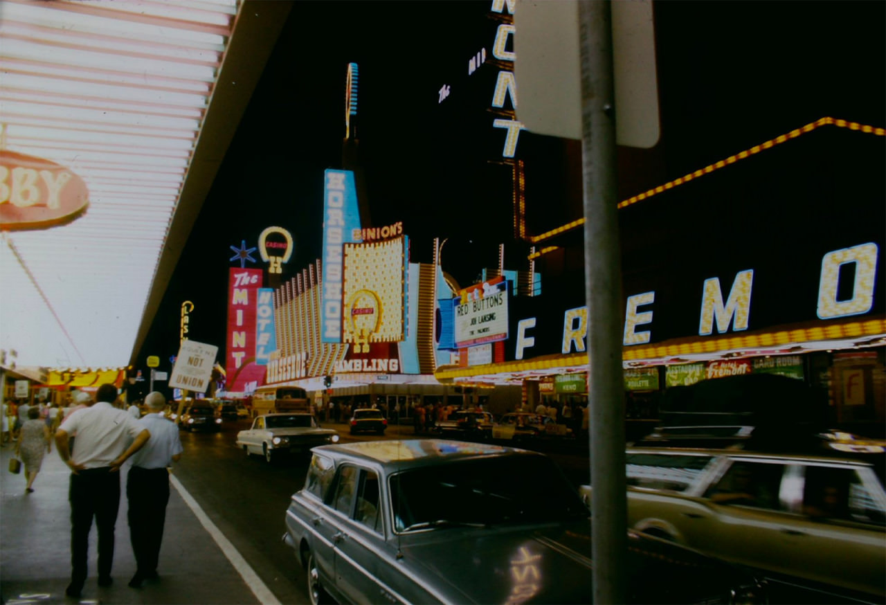 Under the marquee of 4 Queens, Fremont St, August 1966