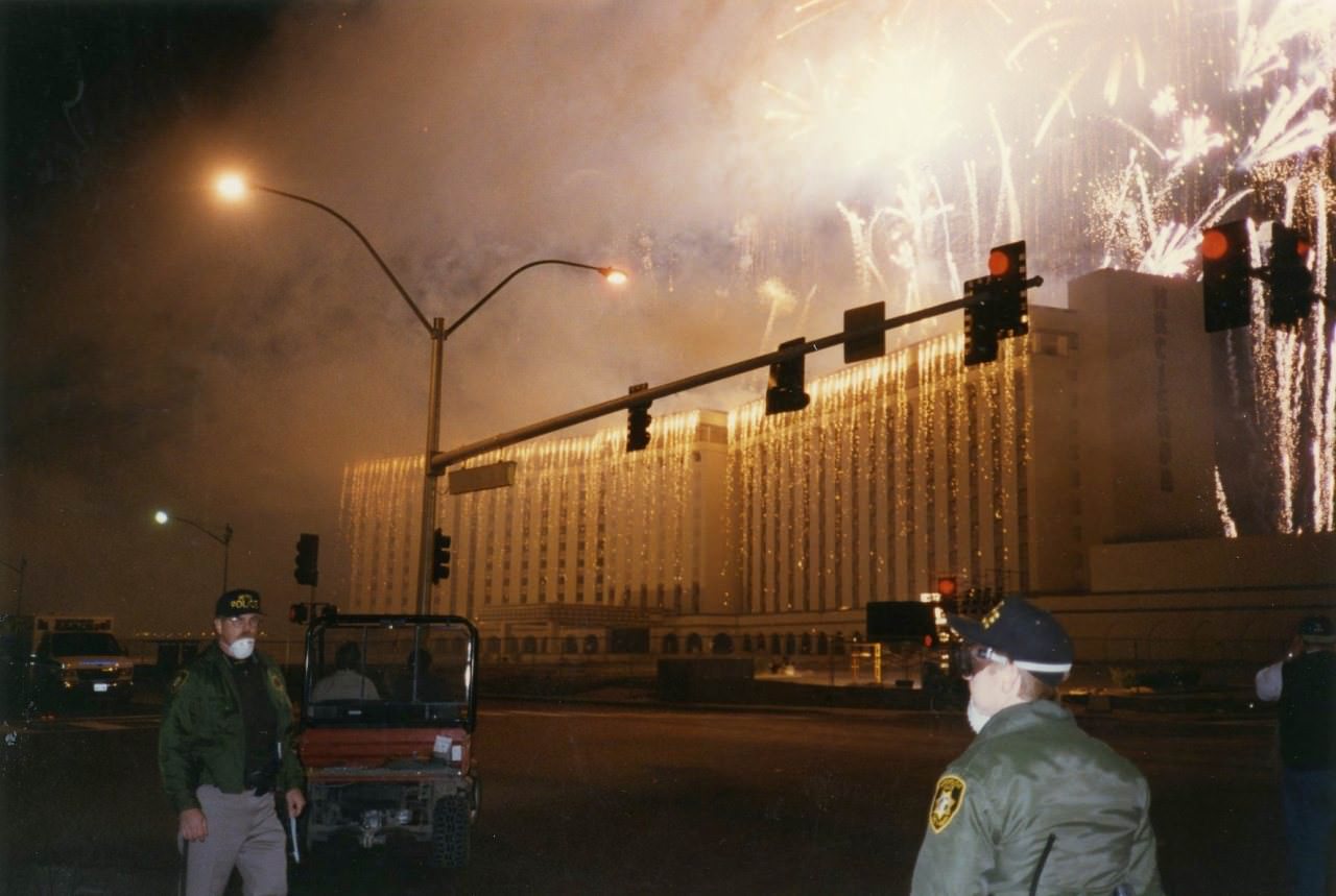 Hacienda, December 31, 1996 – fireworks show right before the tower implosion.