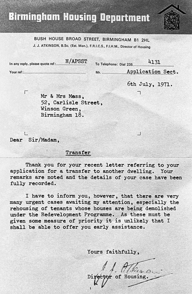 Letter regarding health and slum property, Birmingham 1971