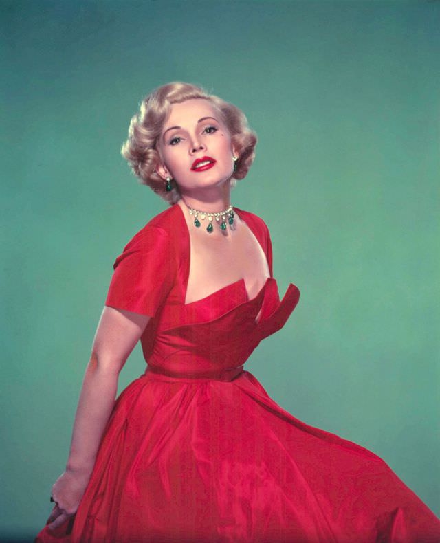 Zsa Zsa Gabor in red taffeta dress