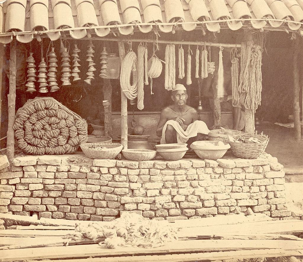 A rope merchant in India, circa 1870.